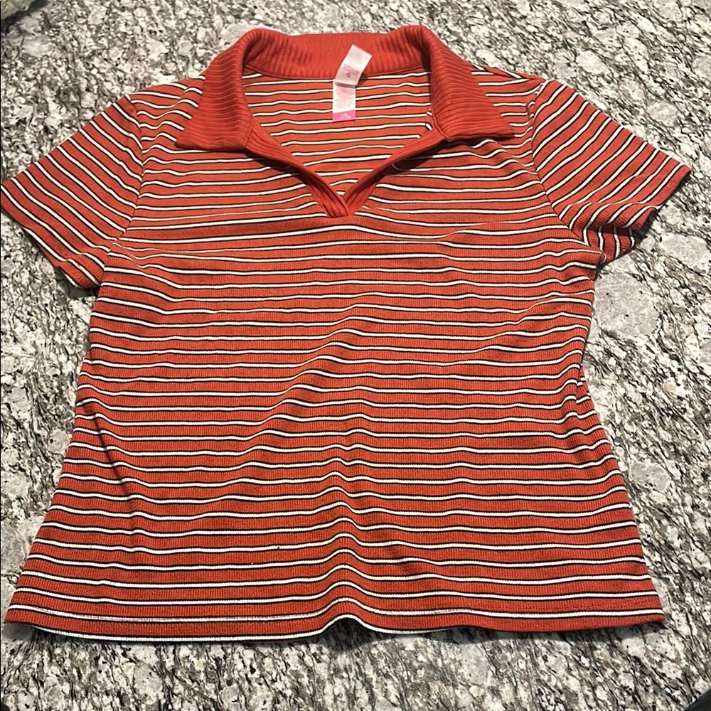 Striped Red Polo Collar Women's Top